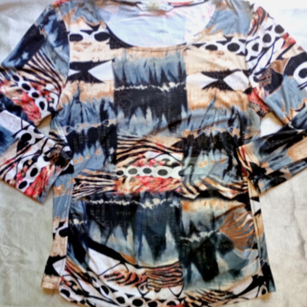 Peter Nygard Womens ruched waist patterned 3/4 sleeve shirt szM NWOT